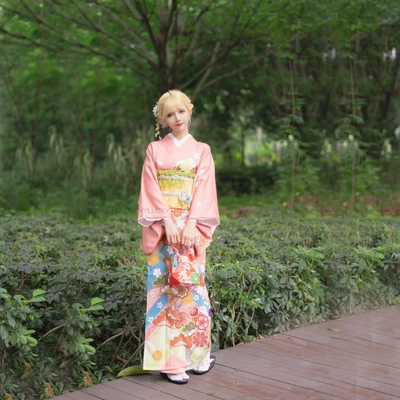 Kimono tradicional japonés para mujer, bata tipo Kimono con estampado de flores nacionales, Kimono tradicional Yukata, ropa de fotografía para niña