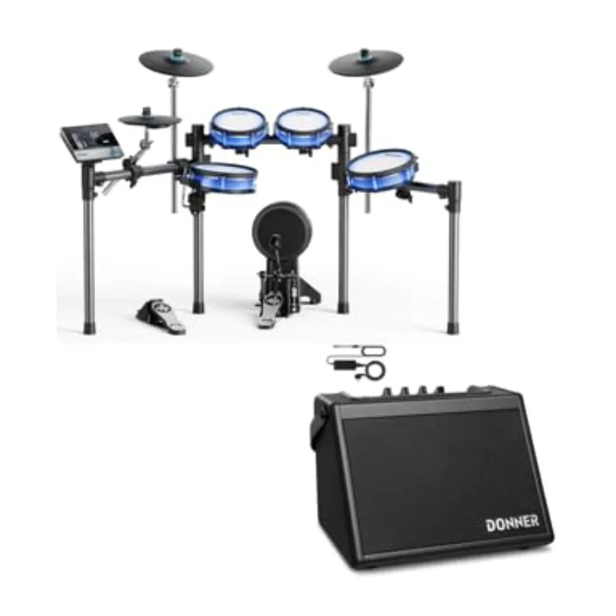 

Электронная ударная установка Donner BackBeat с 7-дюймовым сенсорным экраном и беспроводным мини-усилителем 20 Вт для домашних занятий, черная