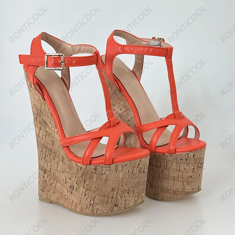 Ronticool Handmade Women T-strap Sandals Ultra High Wedges Heels Round Toe Classics Black Dress Shoes Ladies US Plus Size 5-15