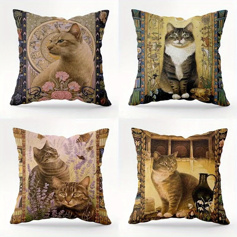 4 Stück Vintage-Katzen-Kissenbezüge, 45 x 45 cm, doppelseitig bedruckte Kissenbezüge, Retro-Kunst, Heimdekoration, Dekokissen, ohne Einlage
