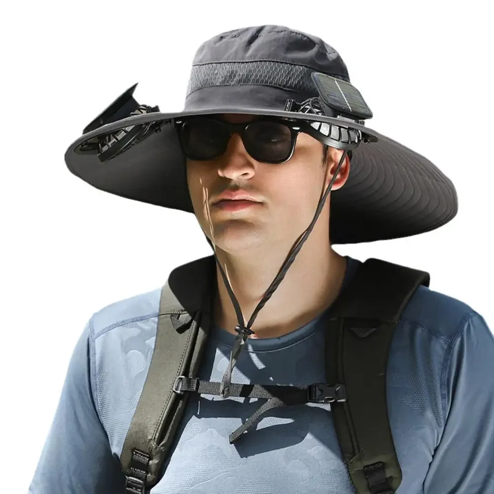Sommer-Sonnenhut für Outdoor-Camping, Angeln, Wandern, Sonnenschutz, Fischerhut, Solar-Ventilatorkappe, tragbare Solar-Ladekappe mit Ventilator für Männer und Frauen