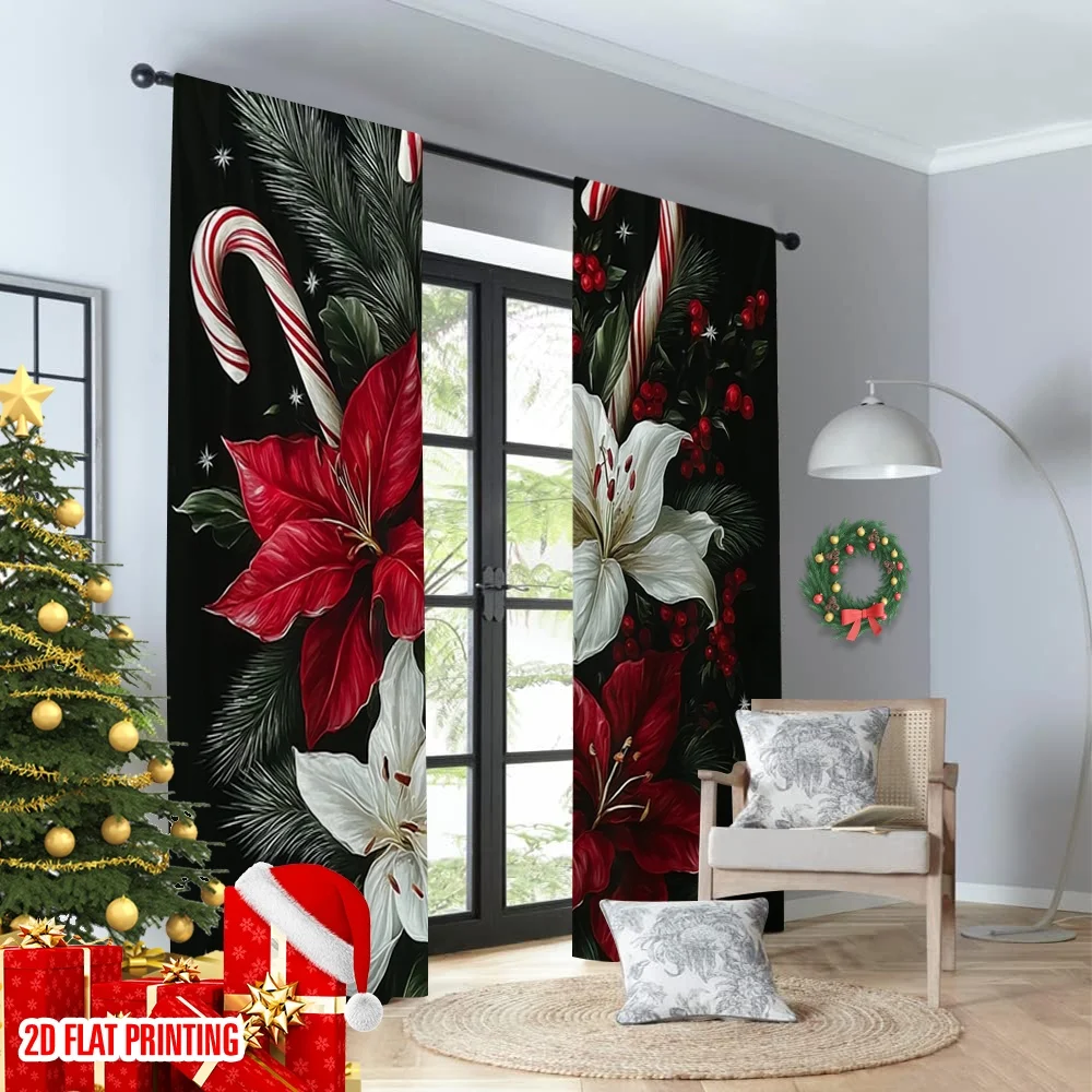 2 قطعة طباعة مسطحة ثنائية الأبعاد ستائر عيد الميلاد العصرية إبر عيد الميلاد الصنوبر ألياف البوليستر المتينة حفلة عائلية للحفلات و