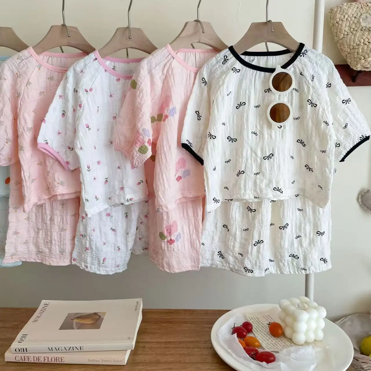 

Kids Summer T-Shirt Pant Two-Piece Set Girls Sweet Bow Short Sleeve Home Clothes Versatile Comfortable Sleepwear Set 2-10Y Years