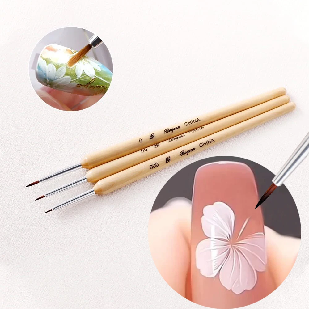 Conjunto de 3 Pincéis para Nail Art com Cabo de Madeira para Desenho, Pintura de Flores, Design de Unhas Francesas, Pétalas e Folhas, Esmalte em Gel DIY