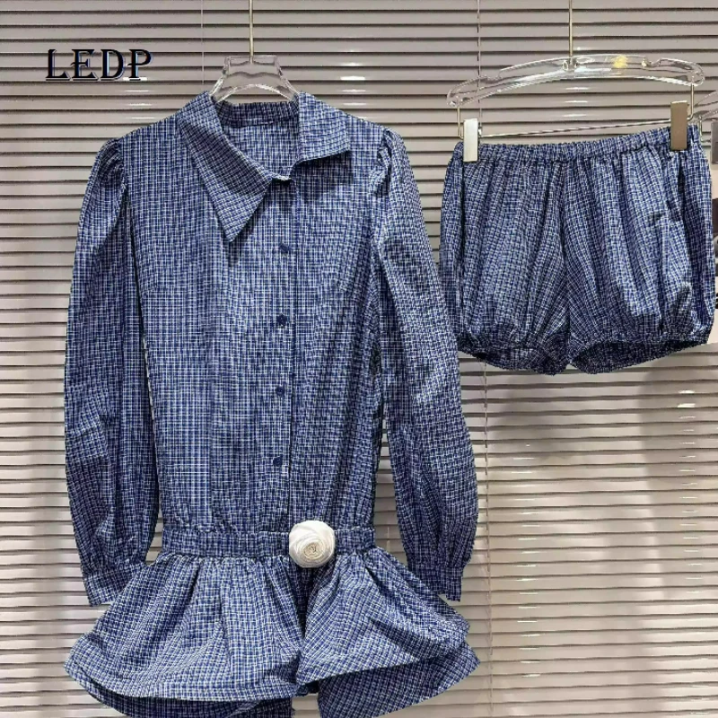 

2026 Spring New Fashion Plaid Pattern Women's Long-sleeved Shirts Skirts French Retro Design Temperament Shorts Suits Ladies