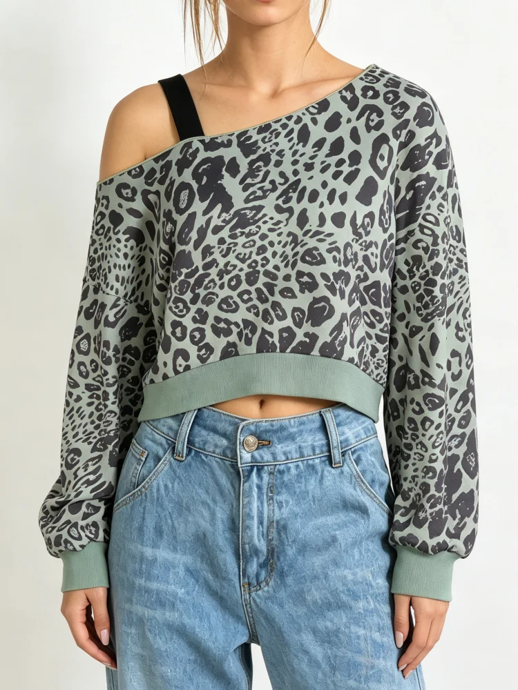 Women Blouse Leopard Print Off Shoulder Long Sleeve Cropped Top Elastic Hem Casual Streetwear Shirt