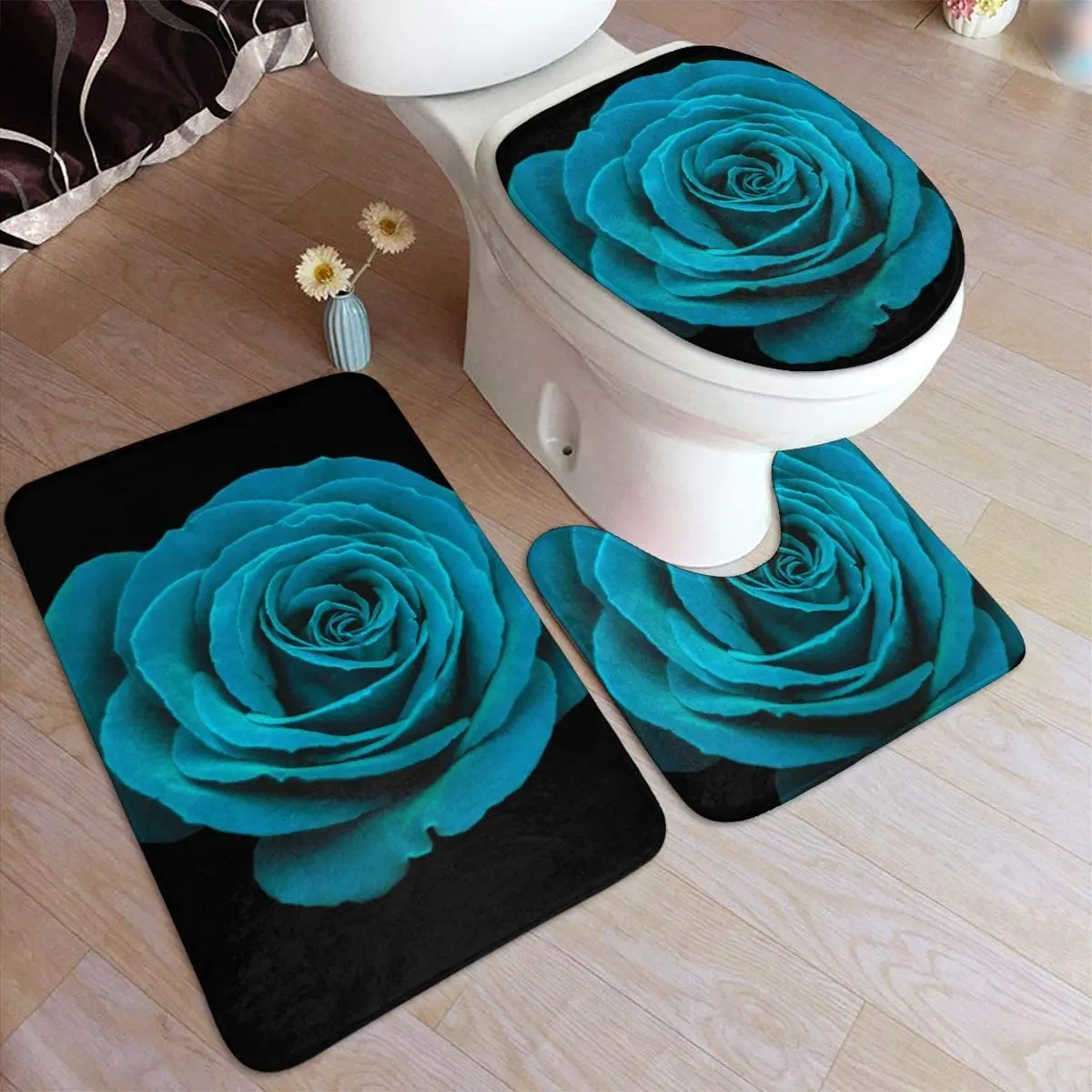 

Blue Teal Rose Floral Flower Bath Mat Set Home Gray Butterfly Cover Water Droplet Turquoise Pattern Valentine Gift Toilet Decor