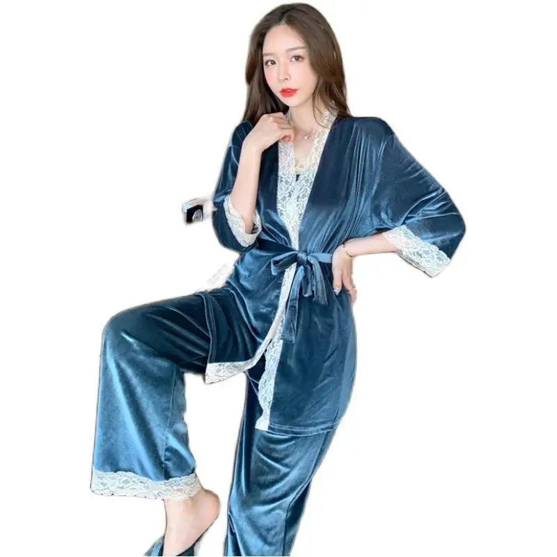 Autumn Winter New Female 3PCS Velvet Pajamas Set Sleepwear Casual Women Velour Lace Nightwear Pijamas Suit Loose Home Wear