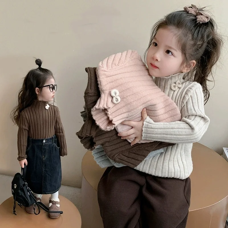 

Girls High Neck Sweater Knitted Base Layer Korean Style Stylish Warm Knitwear Top for Baby Toddler Kids Winter Indoor Outfit