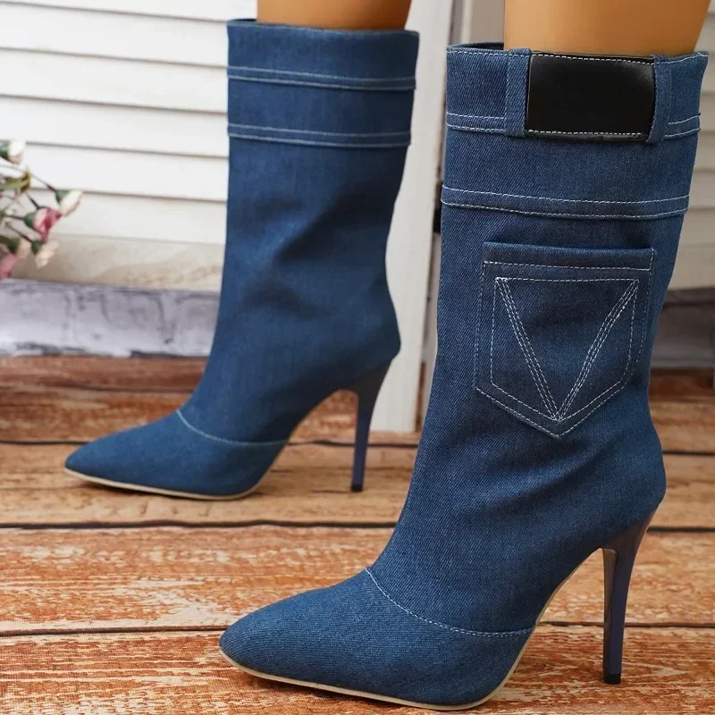 2023 Winter Women\'s Vintage Fashion Style Blue Denim Ankle Boots Thin High Heel Pointed Jeans Short Boots High Heel Shoes