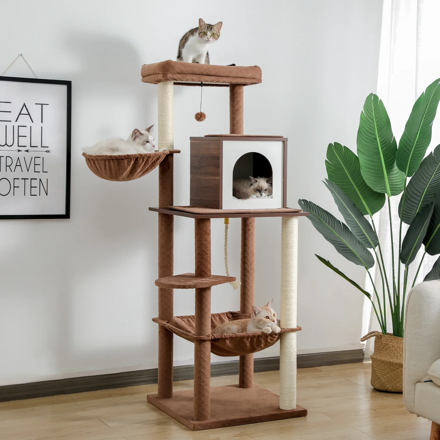 

Multi-Level Cat Tower with Sisal Covered Scratching Posts Private Condo Cozy Hammocks and Extra Large Perch with Ball