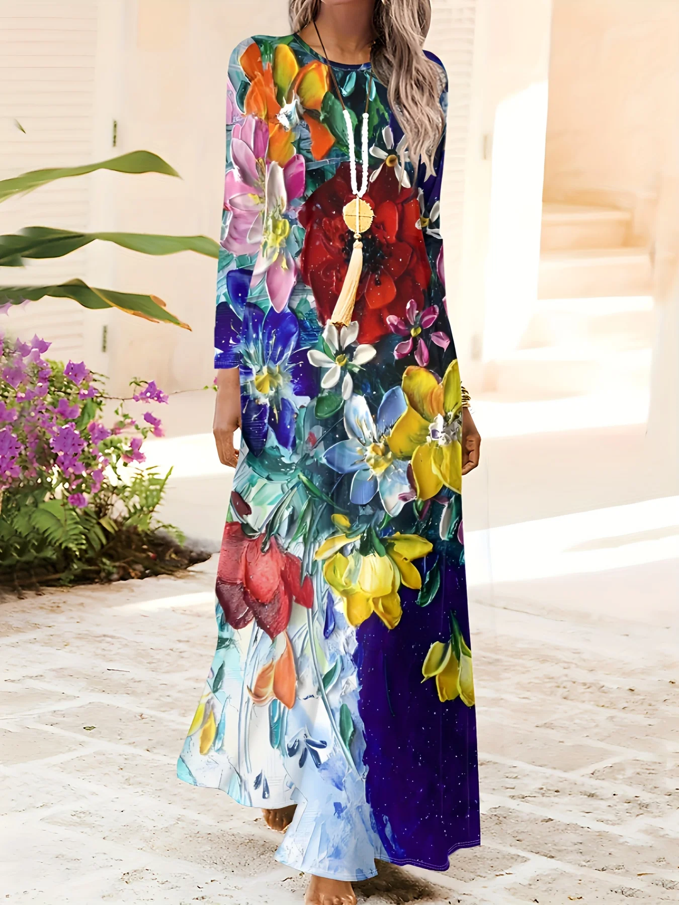 Frühling Herbst Blumendruck-Kleid Damen Langarm A-Linie Midikleid Urlaubsstil Elegantes Freizeitkleid für Frauen