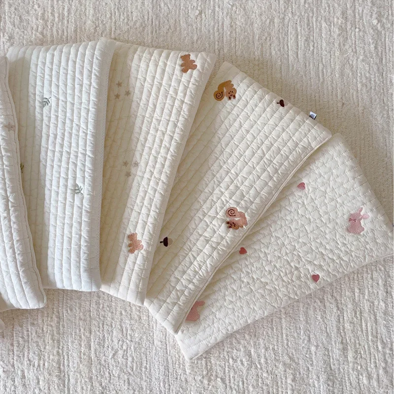 Newborn Pure Cotton Flat Pillow, Quilted with Cartoon Squirrel & Bear Embroidery, Breathable & Soft