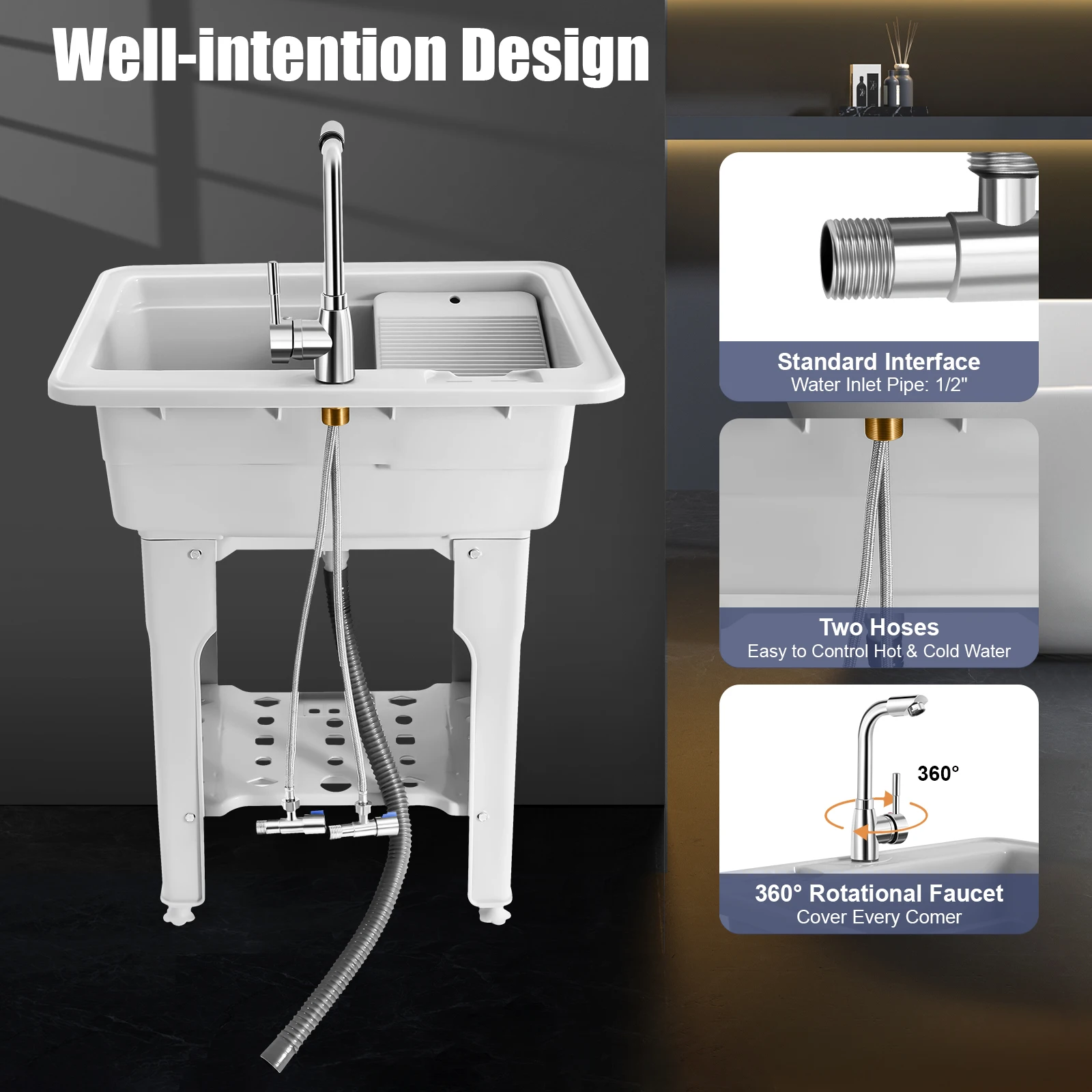 Freestanding Plastic Utility Sinks with Faucet Goudergo Drop in Deep sink kit with Inlet Pipe and Drain Pipe for Laundry Room