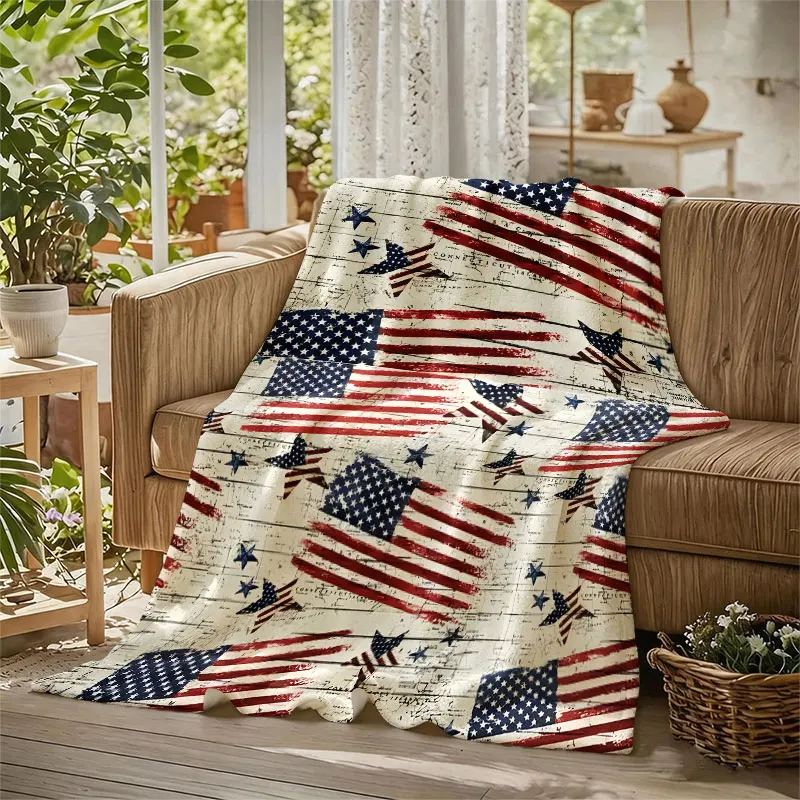 Vintage American Flag Map Flannel Blanket Perfect for Sofa Office Bed Travel Sleep Read Relax Camping Four Season Use