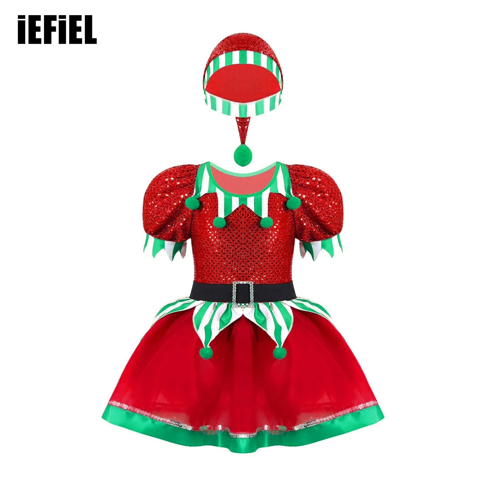 

Kids Girls Christmas Elf Cosplay Costume Sequins Pompoms Adorned Mesh Tutu Dress with Hat