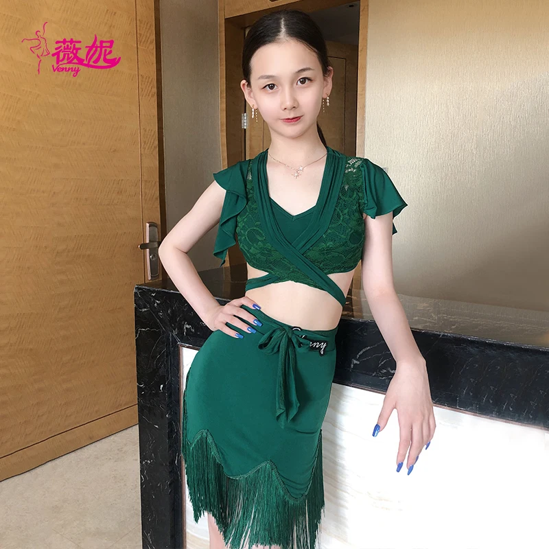 ベニースタイル ラテンダンス 2ピースセット 女の子用、レーストップとフリンジスカート、社交ダンス練習着