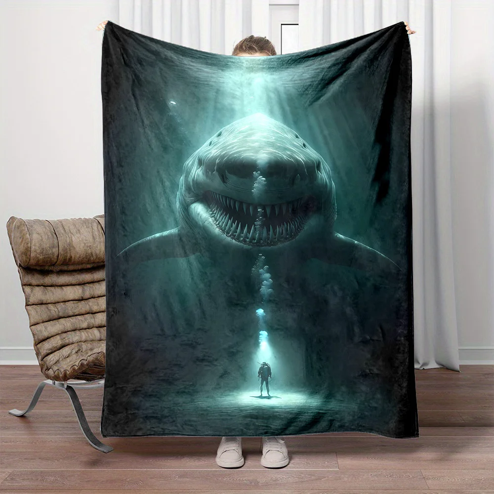 Giant Shark Diver Deep Sea Print Flannel Blanket Soft Lightweight Throw Blanket for Sofa Bed Couch All Season Cozy Home Decor