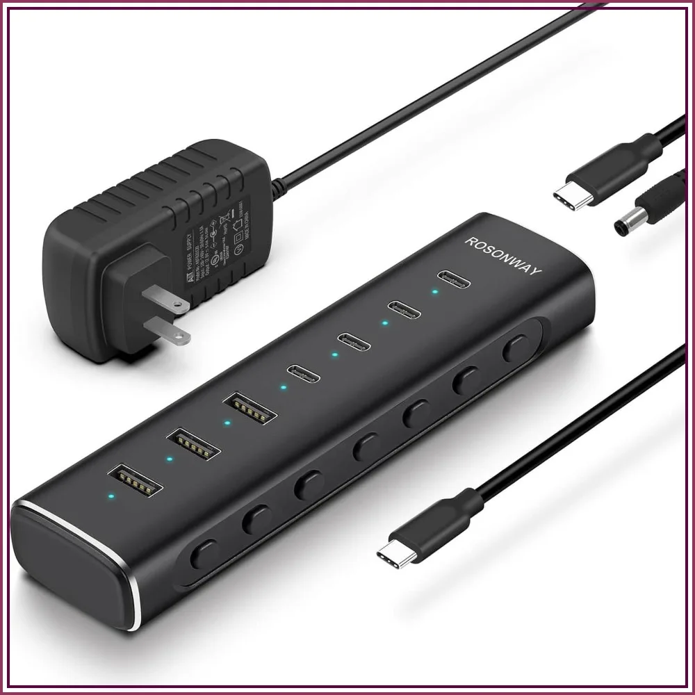 7 Ports USB 3.2/USB C Hub 10Gbps with 4 USB-C, 3 USB-A, 3.3ft Cable, 36W Power Adapter, Aluminum USB Splitter for Laptop