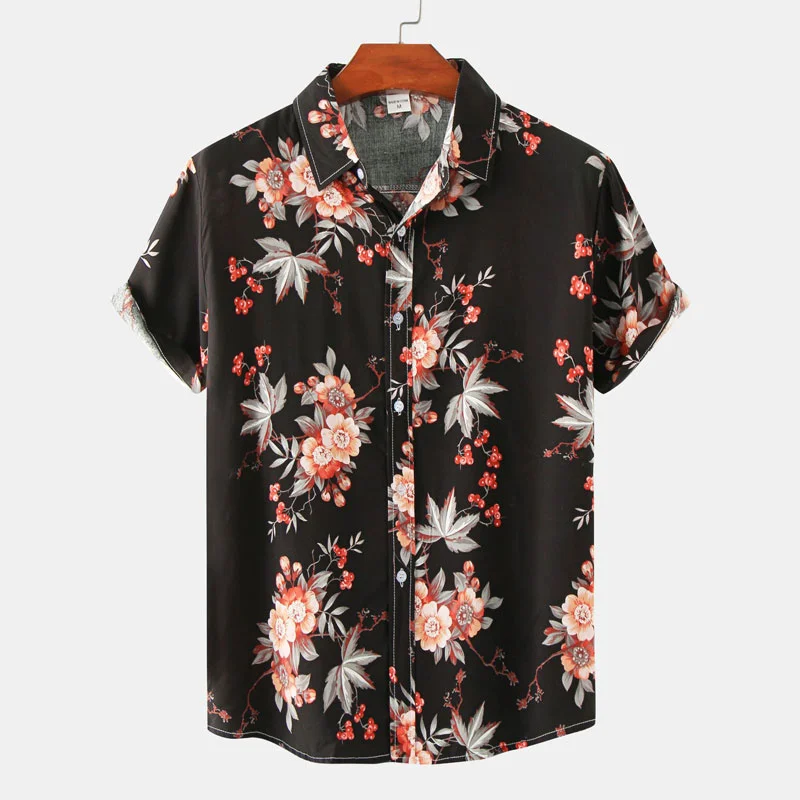 Vintage Flower Hawaiian Shirt Seaside Quick Dry Button Shirts Summer Holiday Casual Lapel Short Sleeve Top Men\'s Clothing