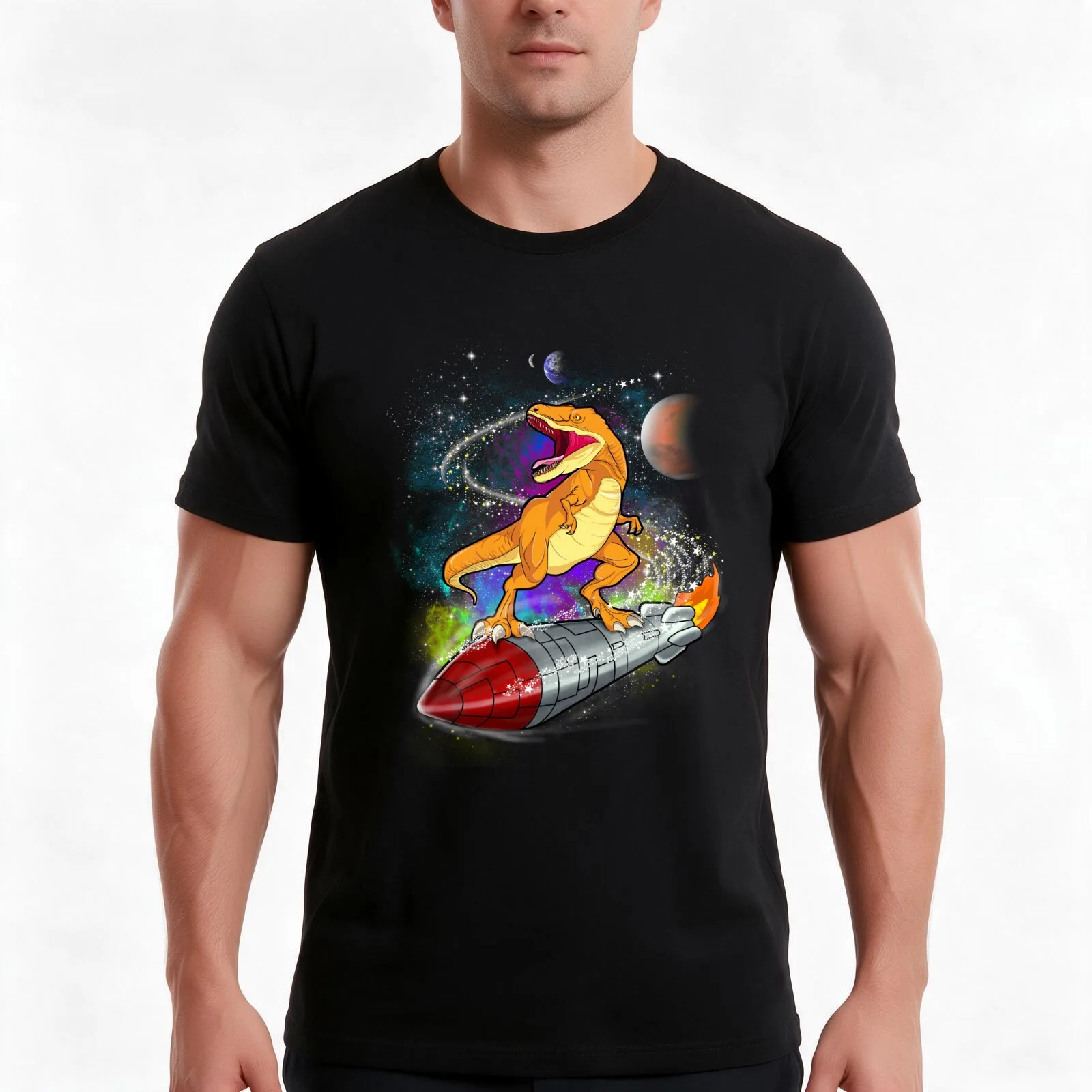 Space Dinosaur Rocket Star Surfer Gift T-Shirt, Summer Casual Cotton Tee, Oversized Streetwear Tops, Vintage Graphic Print