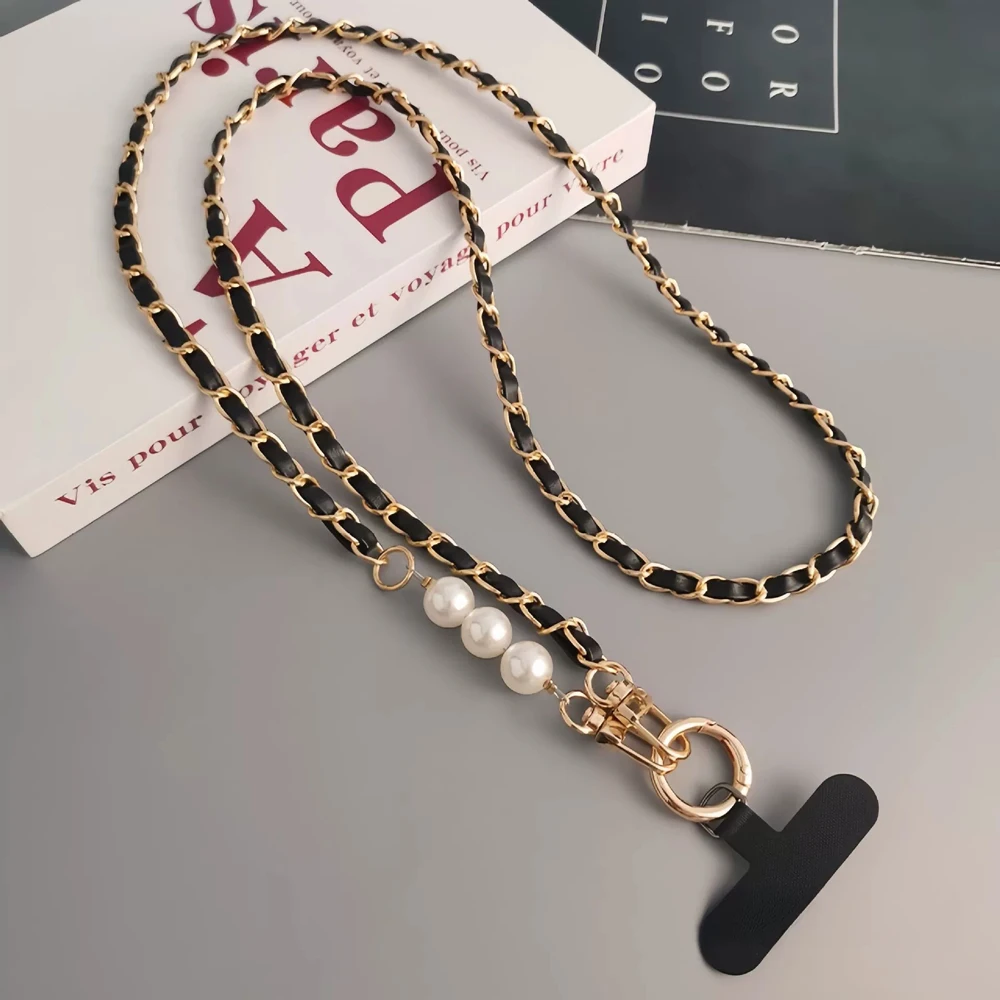 

phone shoulder chain Crossbody Pearl Pickup Chain Mobile Phone Lanyard Women Long pearl phone Shoulder Strap Leather Metal Chain
