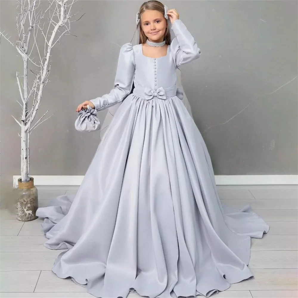

Classic Square Neck Button Pleat Formal Flower Girl Dress Long Sleeve Floor Length Long Ball First Communion Gown Customized