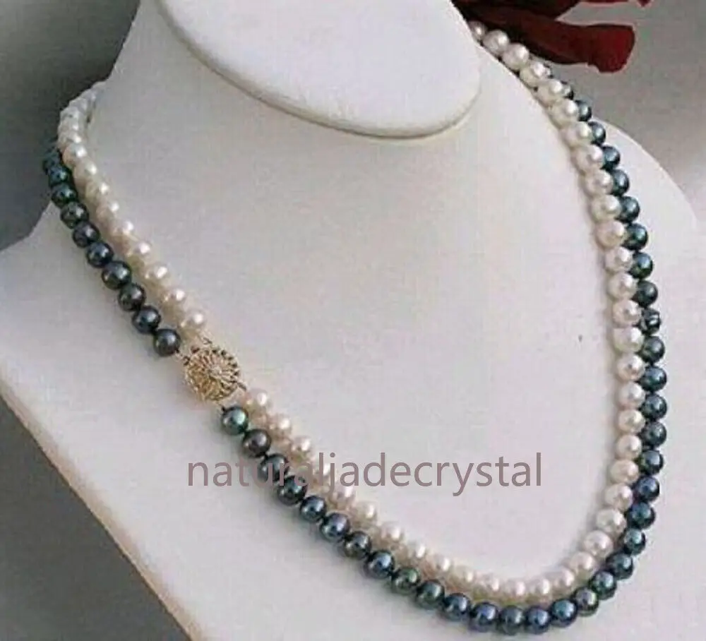 

Natural 7-8MM Black White Akoya Freshwater Cultured Pearl 2 Row Necklace 17-18''