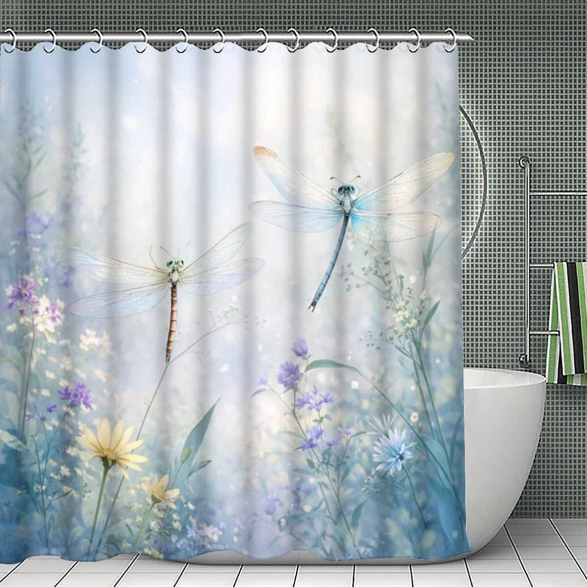 

Занавеска для душа с принтом «Бабочки и цветы», водонепроницаемая, легко моется, обеспечивает конфиденциальность, дизайн «Природа и сад», нежно-голубой цвет, художественный принт