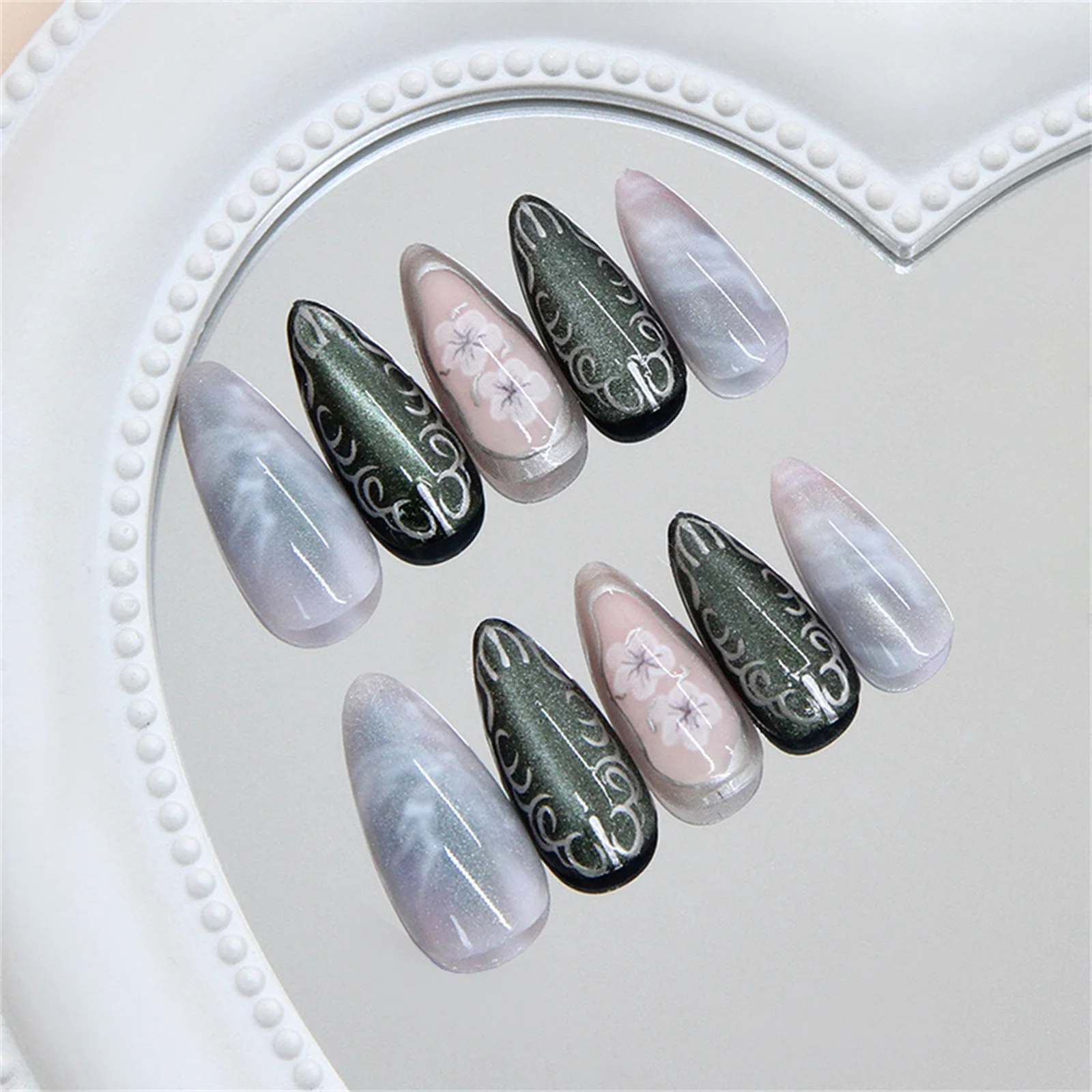 

Glossy Olive Green Cat's Eye Fake Nails 24PCS Almond Press On Nails Flower Printed Detachable Acrylic False Nails Patches