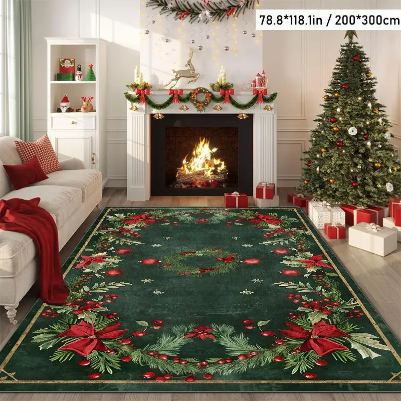 VIKAMA Christmas Retro Green Area Rug Poinsettia Holly Pine Print Non‑Slip Large Floor Carpet Living Room Xmas Home Decor