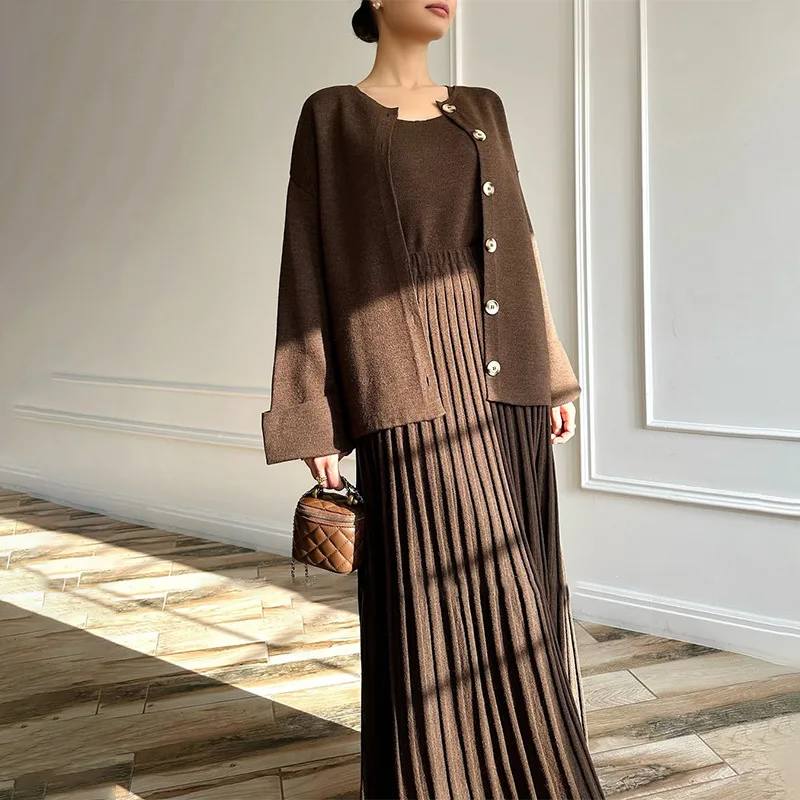 Muslim Skirt 2025 Spring New European American Cardigan Long Sleeve Fashion Casual Comfortable Long Skirt 3 Piece Set Long Dress