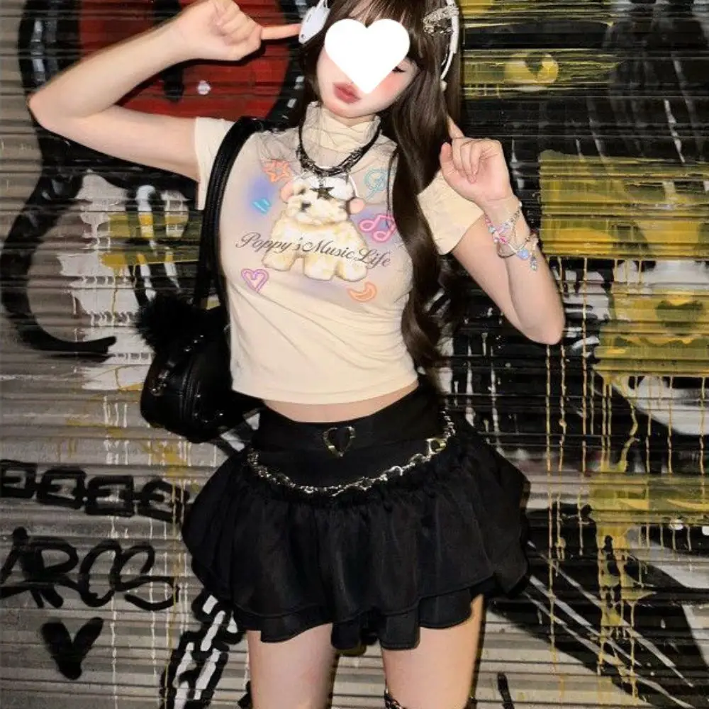 Y2K Ruches A-lijn Rok Hoge Taille Roze Mini Geplooide Rokken Zoete Stijl Zwarte Bubble Rok Dames