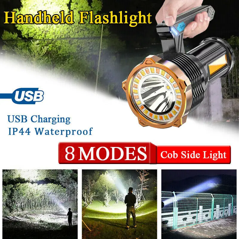 

Portable LED+COB Flashlight USB Rechargeable Camping Torch Outdoor Spotlight Hand Held Searchlight Waterproof Lantern with Hook