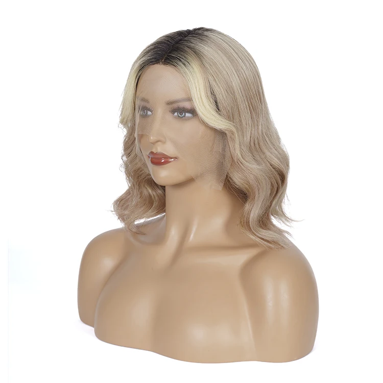 

Wholesale Ombre Highlight Ash Blonde Color Short Wave Cuticle Aligned Human Hair Wig Lace Frontal Wigs