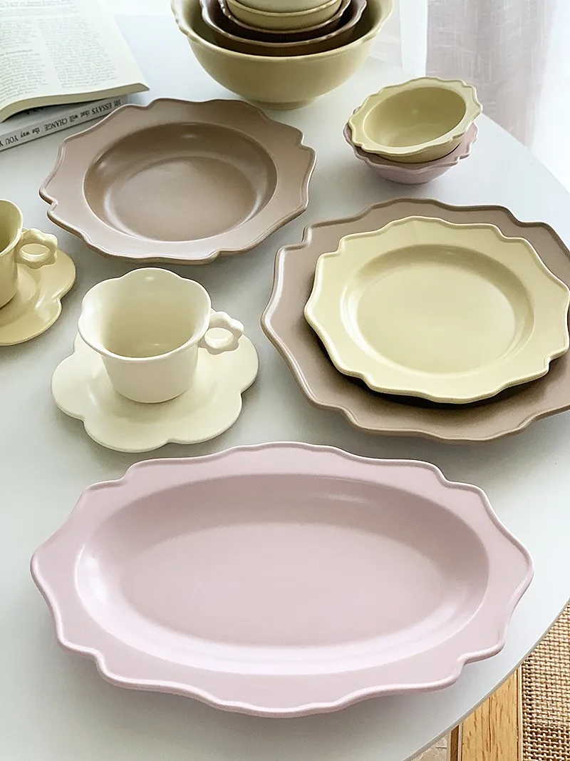 Anmuli High Quality Ceramic Dining Set Home Use Matte Petal  Ins Style Plain Color Dinner Plate Korean Version Flat Plate