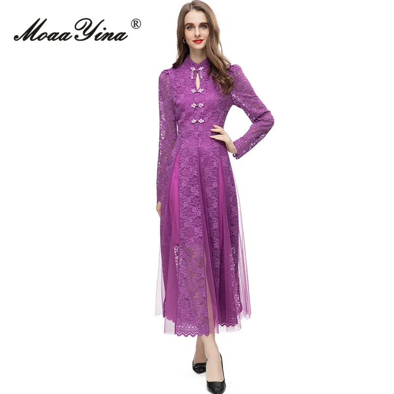 

MoaaYina Summer Fashion Designer Purple Vintage Party Dress Women's Stand Collar Diamond Beadings Button Mesh Spliced Long Dress