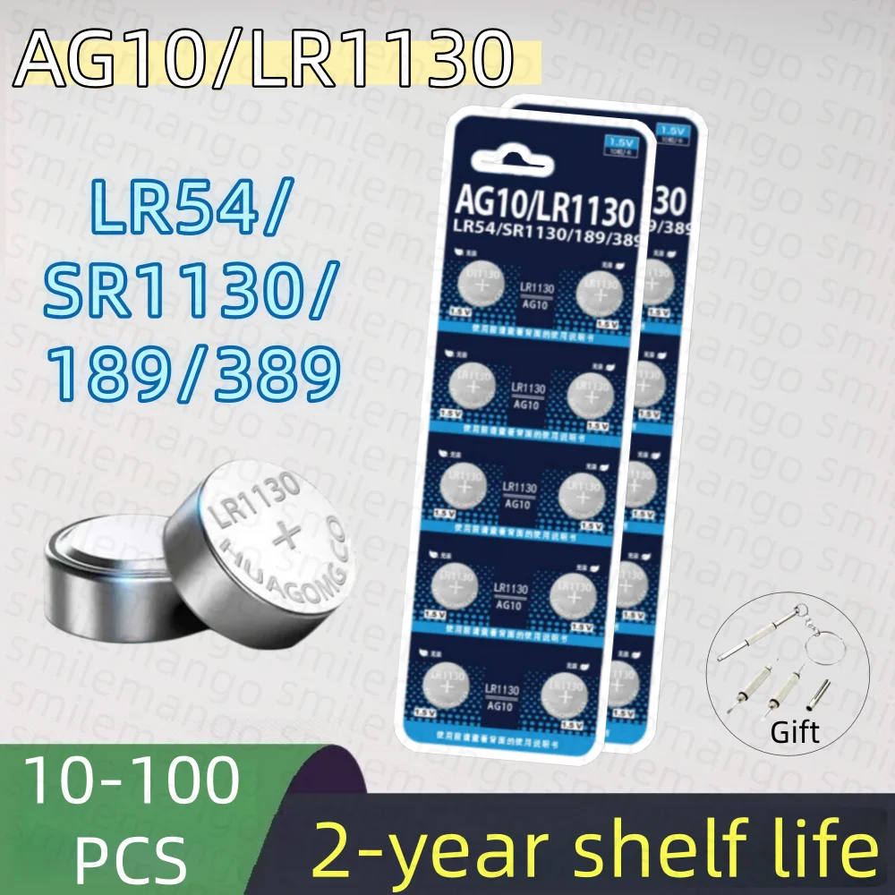 Piles AG10 LR1130 389A LR1130 LR54 L1131 SR1130 1.55v, piles bouton haute capacité pour montres, calculatrices, lasers