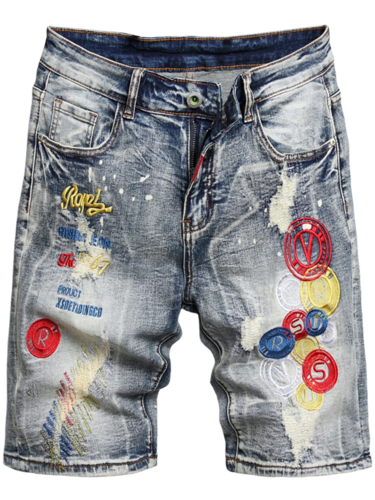 

Retro Distred Embroidered Denim orts Men Summer New Loose Straight Leg Faion Patchwork Five-Point Trendy Brand Jeans