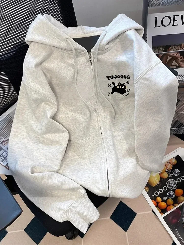 

Kawaii Cartoon Cat Gray Hoodies Women Fall Long Sleeve Vintage Cute Sweatshirt Vintage Casual Lace Up Female Japan Harajuku Tops