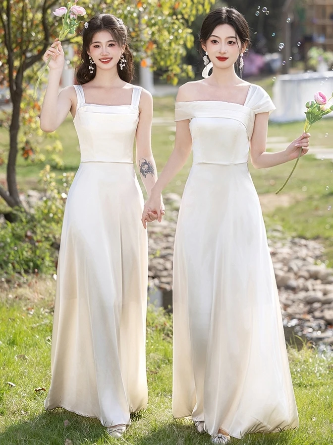 Brautjungfernkleid, Champagner-Satin, Schwester Dr. 2025, neues koreanisches Sle-Hochzeits-Outfit für beste Freundin, wunderschöne übliche Kleidung