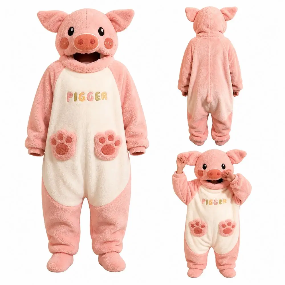 Coral Fleece Pig Onesie Pajamas Piggy Pocket Detail 3D Ears Design Lounger Robe Oversized Fit Warm Adult Wearable Blanket