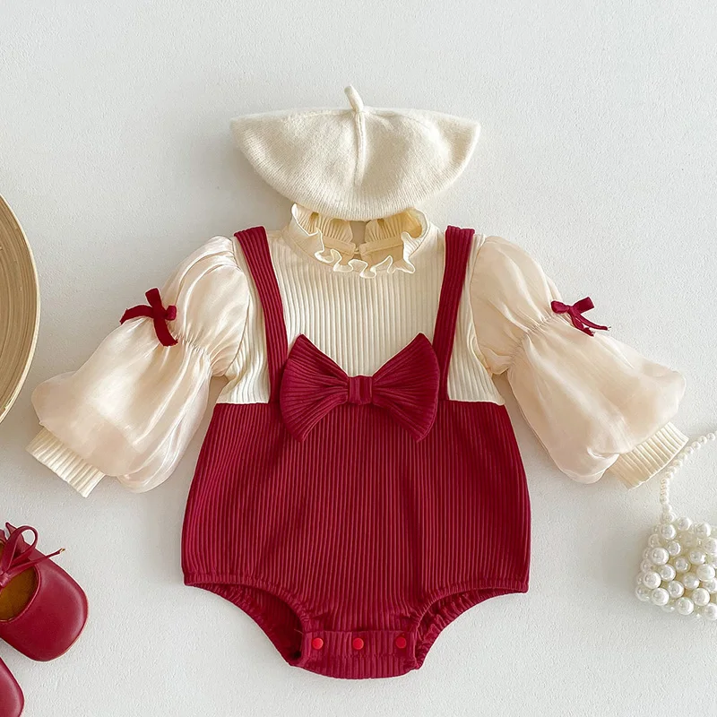 

2024 New Spring 0-24M Baby Girl Clothing Toddler Baby Girl Romper Long Sleeved Cotton Splicing Infant Baby Girls Jumpsuit