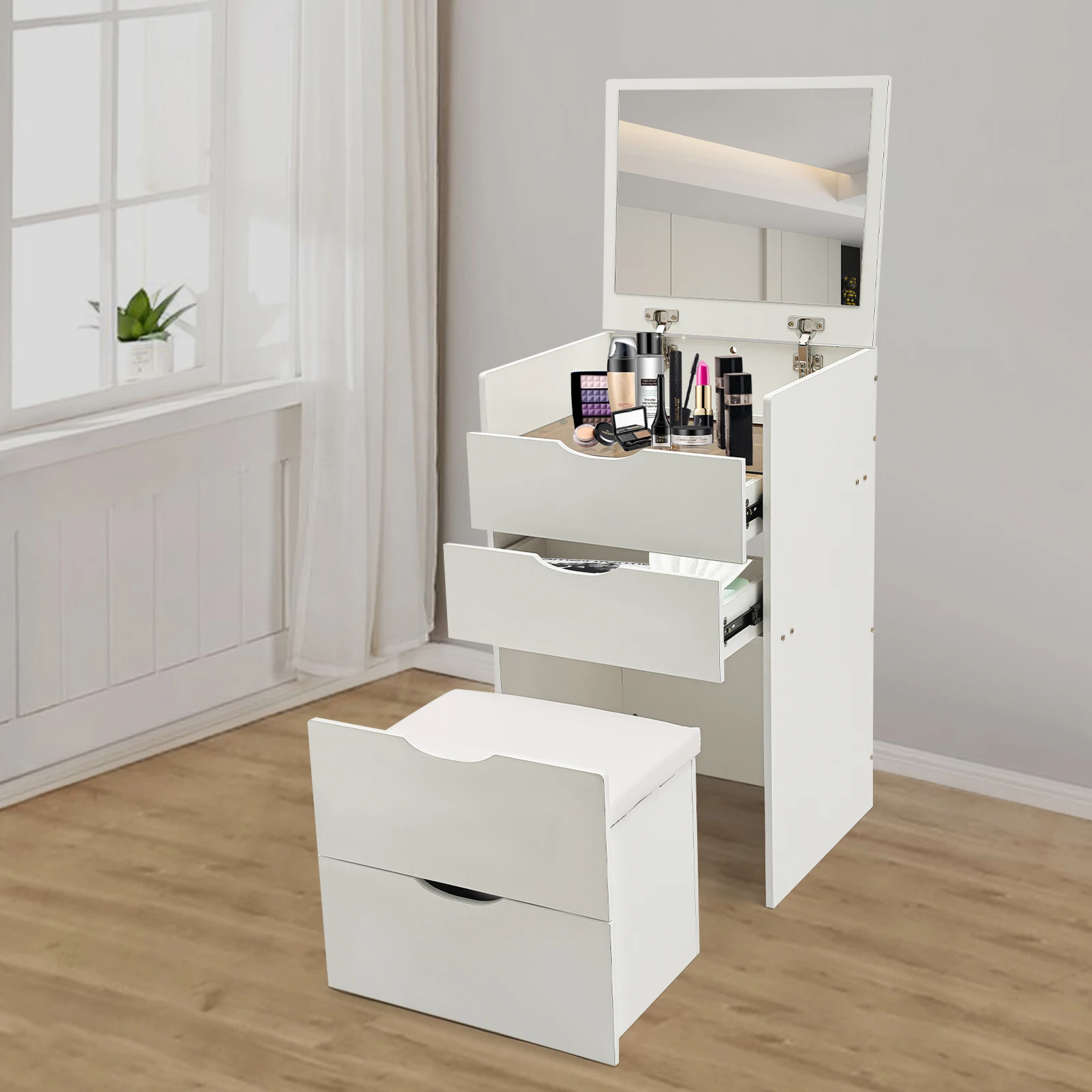 Makeup Vanity Table with 3 Drawers Dressing Table with Foldable Mirror Vanity Stool For Bedroom 40*48*80cm