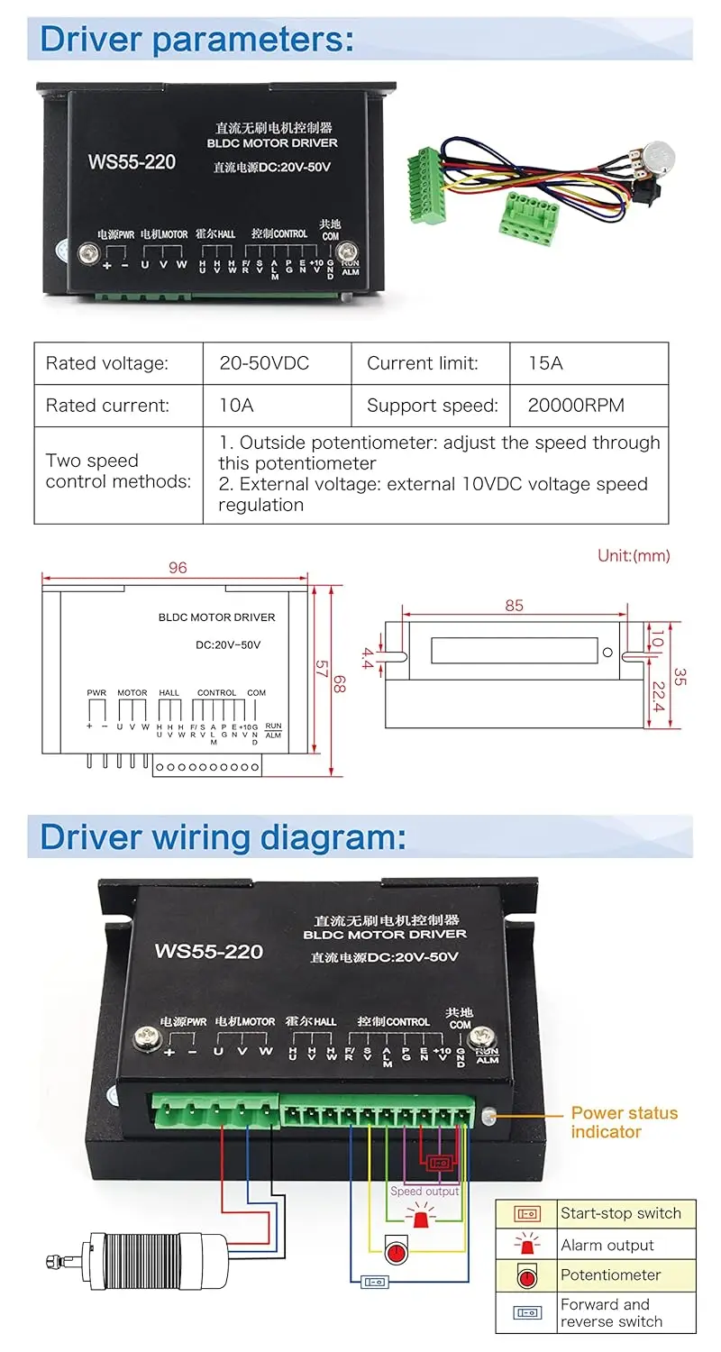 Brushless 500W ER11 48V Air Cooled DC Spindle Motor 0.6N.m 12000RPM CNC Router Milling With BLDC Driverr