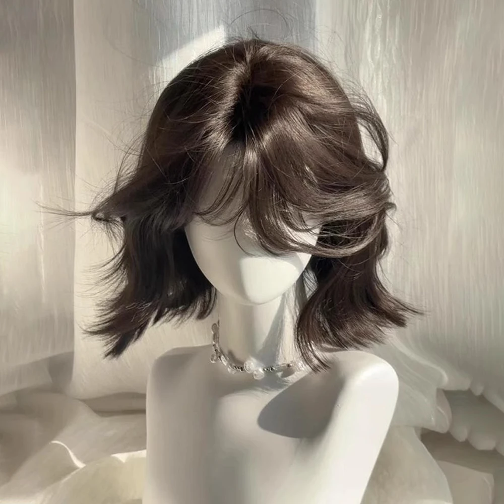الاصطناعية قصيرة متموجة شعر مستعار أسود بني مع الانفجارات رقيق المرأة لوليتا شعر مستعار تأثيري مقاومة للحرارة للحزب اليومي #3