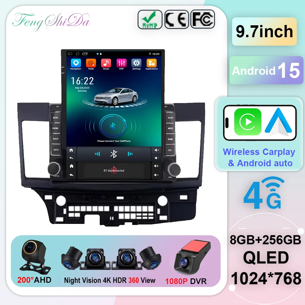 2Din For Mitsubishi Lancer 10 CY 2007 - 2017 9.7 inch Android 14 Car Radio Stereo Audio GPS Player Wireless Carplay Auto