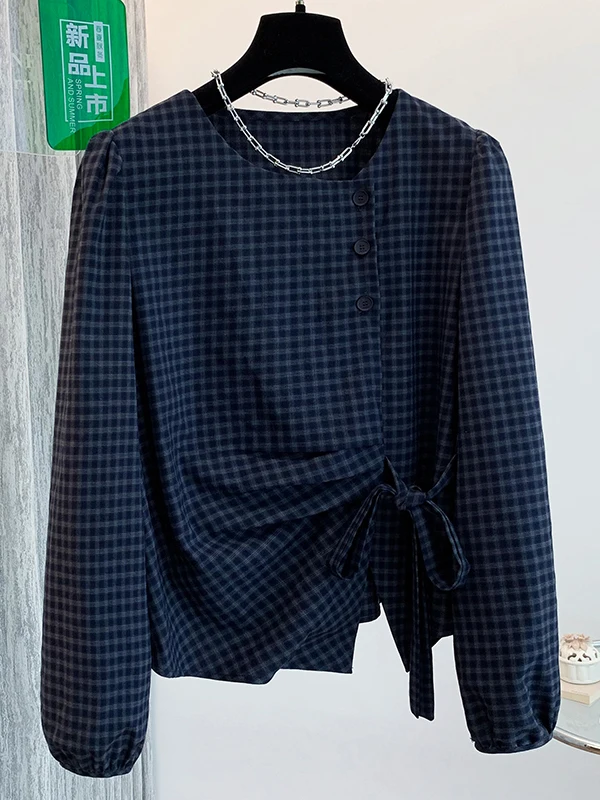 

Slimming Plaid Long Sve irt round Ne French Sle Women's Premium Faionable Belted Autumn New Arrival Casual Wear
