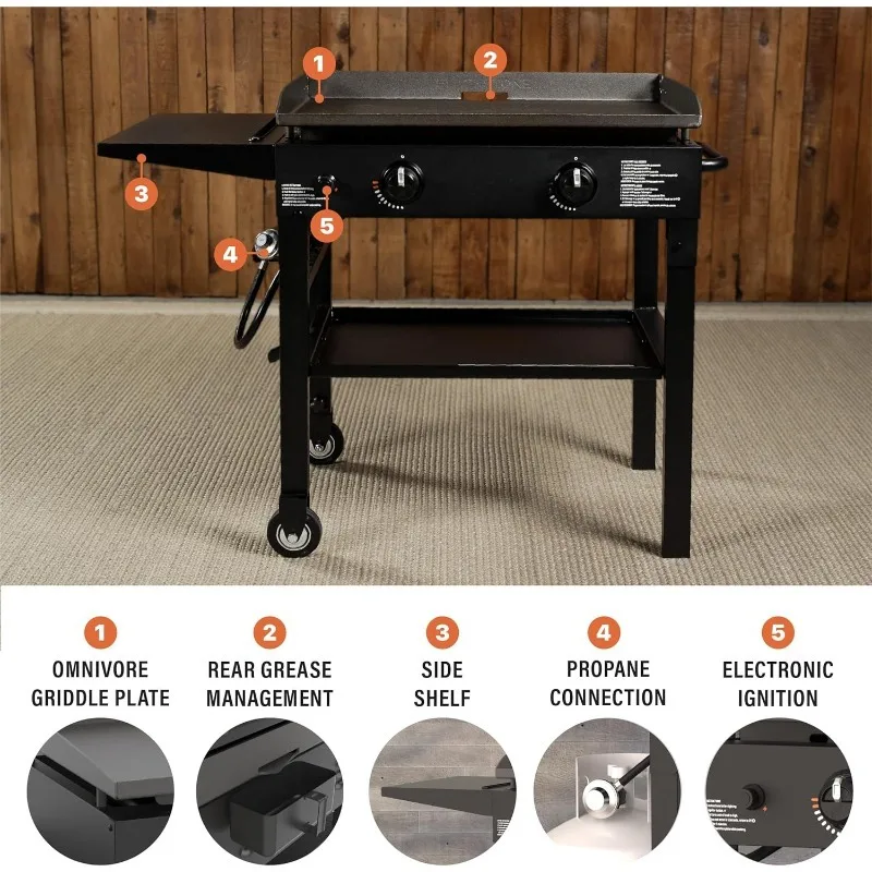 Flat Top Gas Grill Griddle 2 Burner Propane Fuelled Rear Grease  1517, Outdoor Griddle Station for Camping, 28 inch