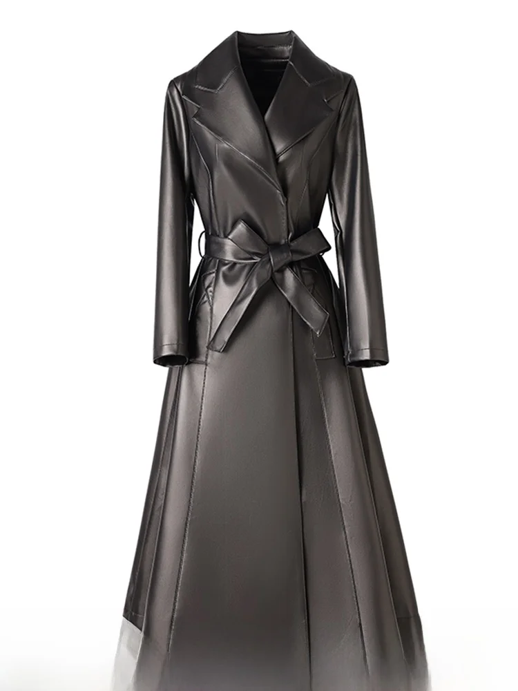   Cappotto in vera pelle Ning da donna, lunghezza media, in pelle di pecora, antivento, primaverile/autunnale, sopra il ginocchio, con cintura, maniche lunghe